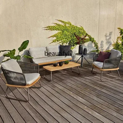

Nordic Outdoor Rattan Sofa Single Sunroom Teak Solid Wood Coffee Table Terrace Model Home Furniture Set