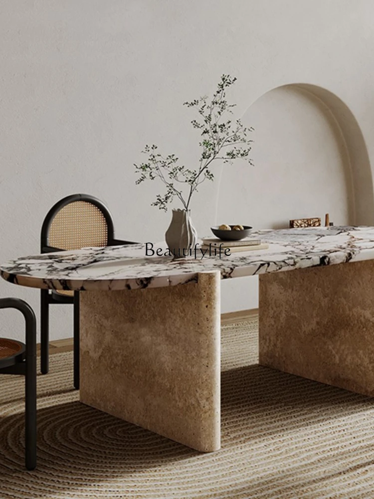 Natural Marble Ellipse Dining Table Misty Style Mid-Ancient Minimalist Modern Minimalist Bed & Breakfast Dining Table