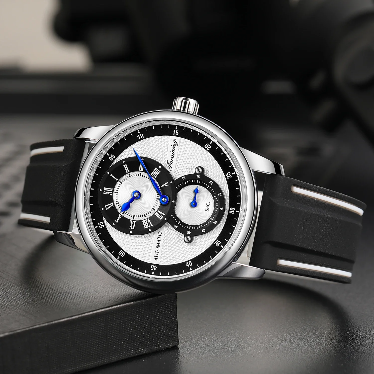 Forsining Racing Sporty Men Wristwatches Automatic Mechanical Fashion Dual Dial Display Waterproof Silicone Strap Relogio Clocks