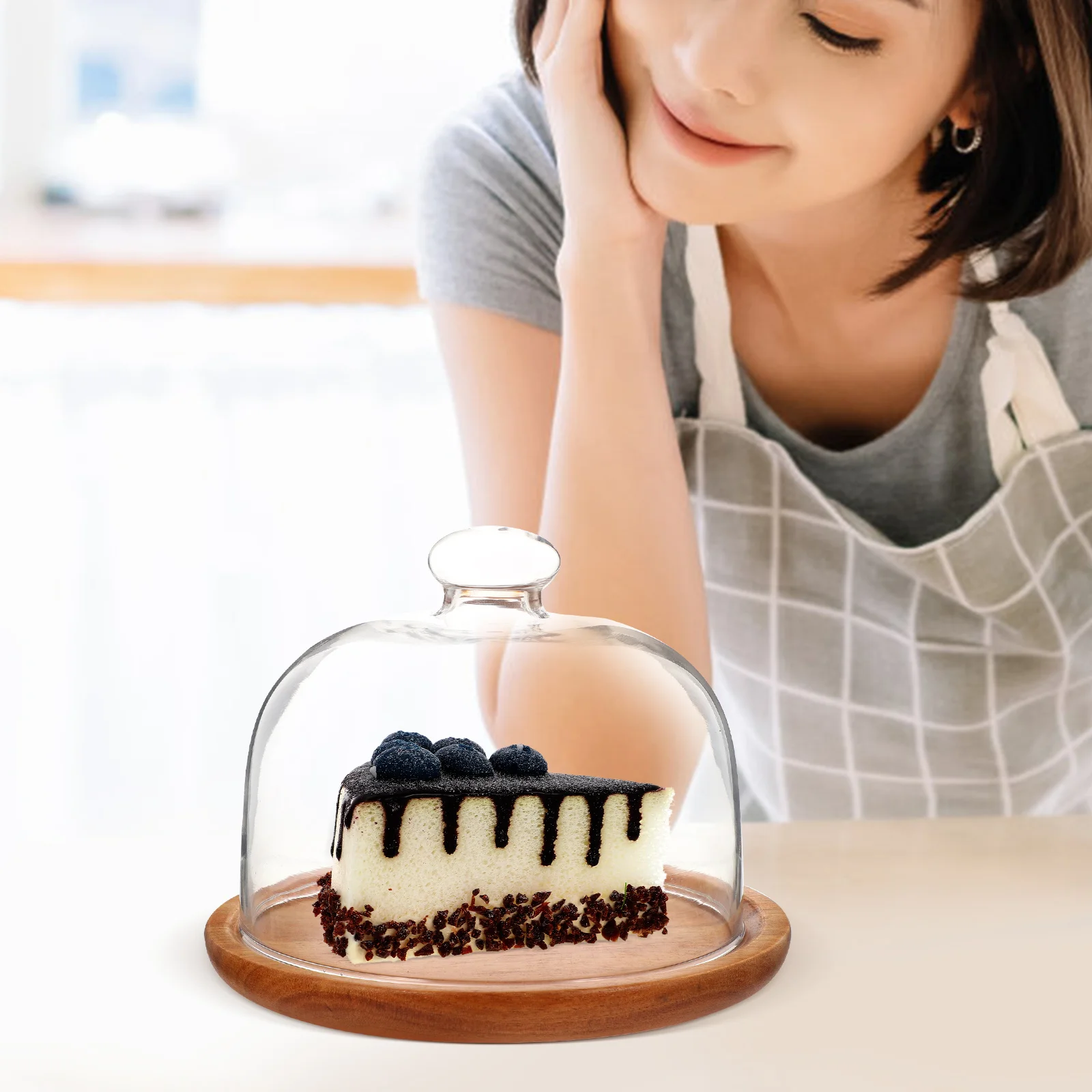 

1Set Glass Lid Cake Plate Premium Wood Clear Display Stand Exquisite Workmanship Reusable Easy Clean Stylish Design Party