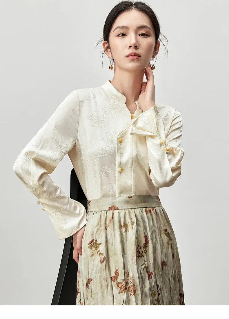 

SENTUBILA Chinese Style Jacquard Shirts Women 2025 Autumn Chiffon Stand Collar Flare Sleeve Chic Button Elegant Blouse 143V55987