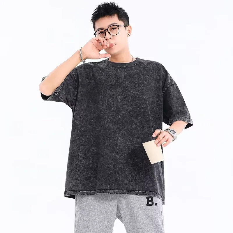 

American Style Retro Heavyweight Solid Color Short Sleeved T-shirt Men Women Summer Street Trendy Washed Old Oversized Clothes