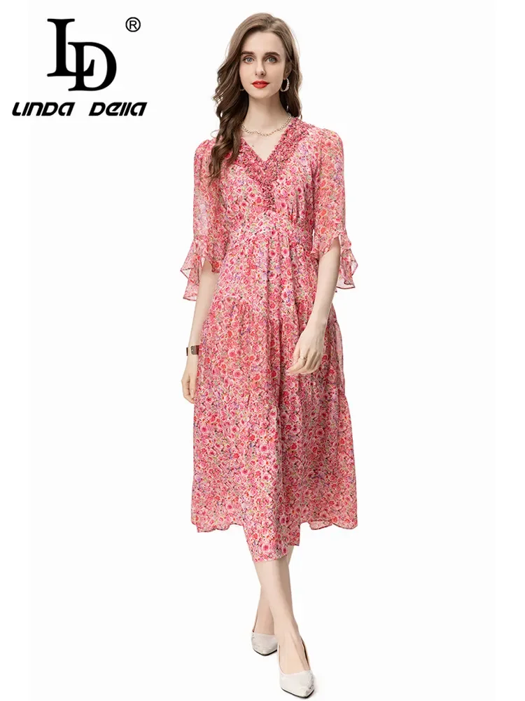 LD LINDA DELLA 2024 Summer Italian Elegant Luxury Dress Women's Bohemian Small Floral Print Nail Bead Chiffon Flare Sleeve Dress