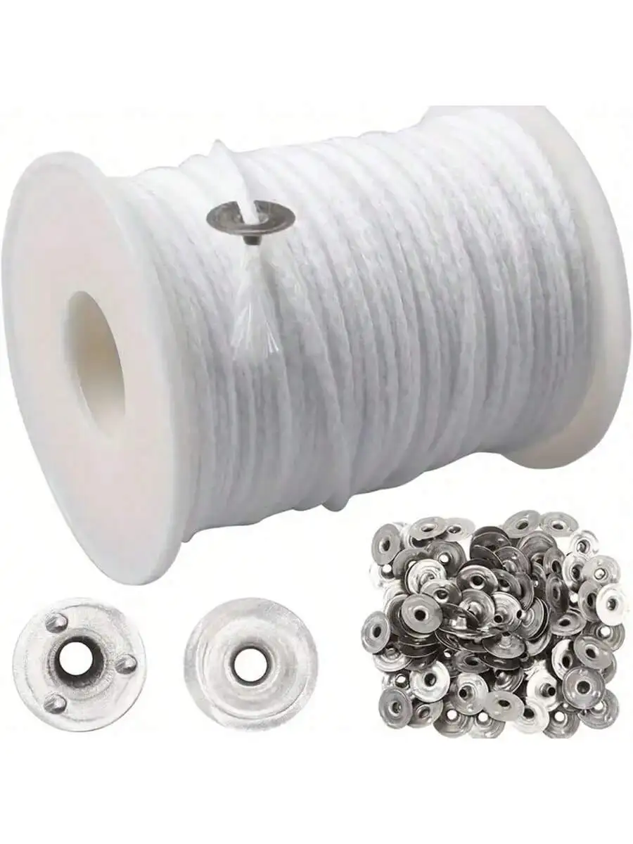 Rolo de mechas de vela de 200 pés, 24 camadas, mechas de vela trançadas, carretel de núcleo e 100 peças de abas de sustentador de pavio de vela de metal para c