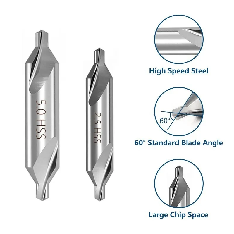 HSS Combined Center Drills Countersinks 60 Degree Angle Bit Tool 1.0,1.5,2.0,2.5,3,5mm A Type Without Protective Cone Tools Set