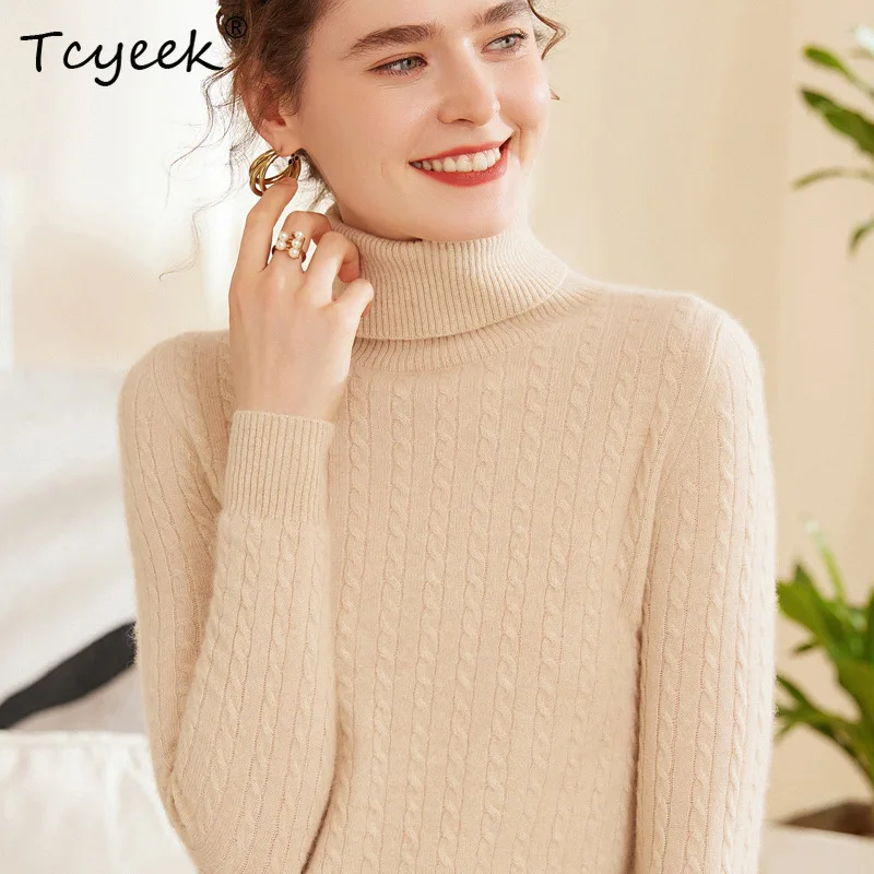 

Tcyeek, 12G 100% Pure Cashmere Elegant Sweater, Women's High Neck Patterned Slim Fit, 2024 Autumn and Winter New Top T48901KS