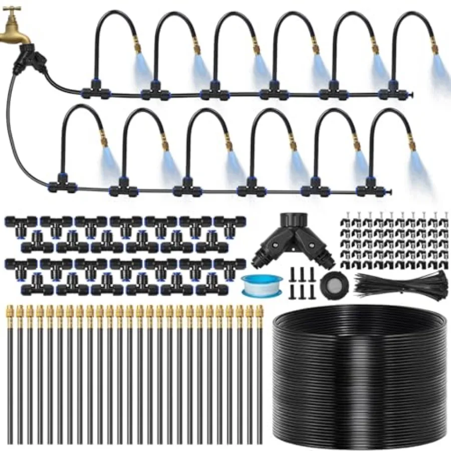 120Ft 1/4" Drip Irrigation System for Garden 23 Adjustable Copper Nozzles Automatic Atomizing Sprinkler System for Outdoor Plan
