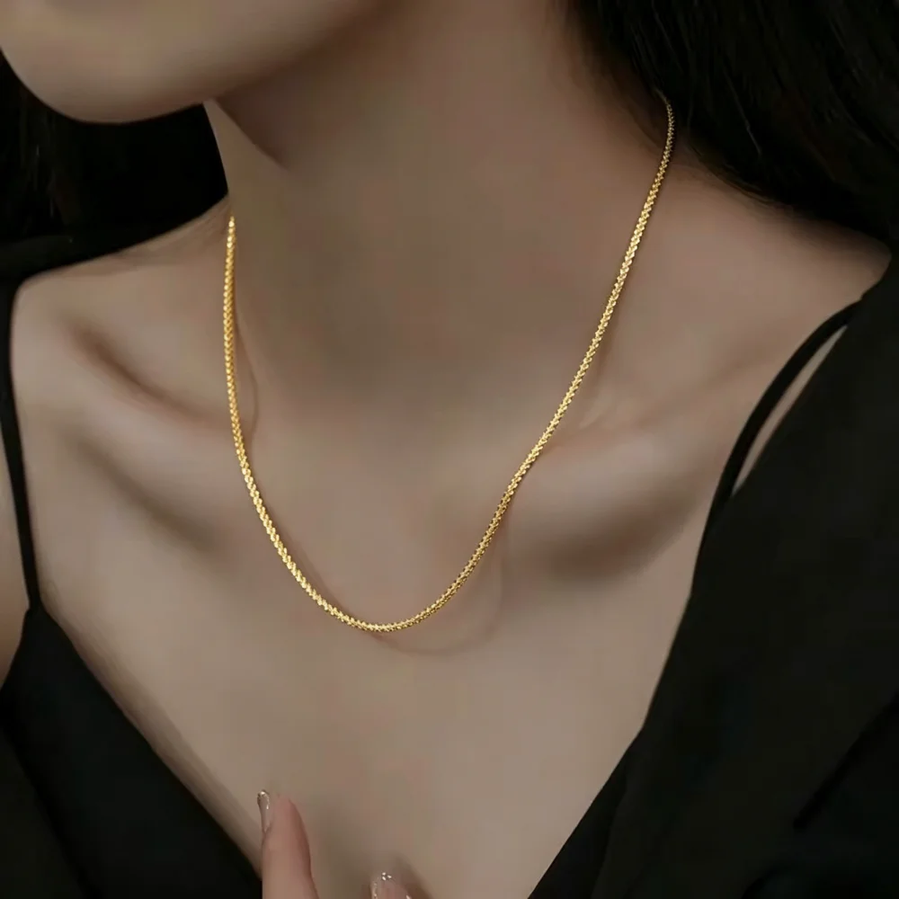 Lihong S925 Sterling Silver Necklace Gold-Plated 2mm Sparkling Clavicle Chain Sweater Chain High-End Jewelry Gift for Women
