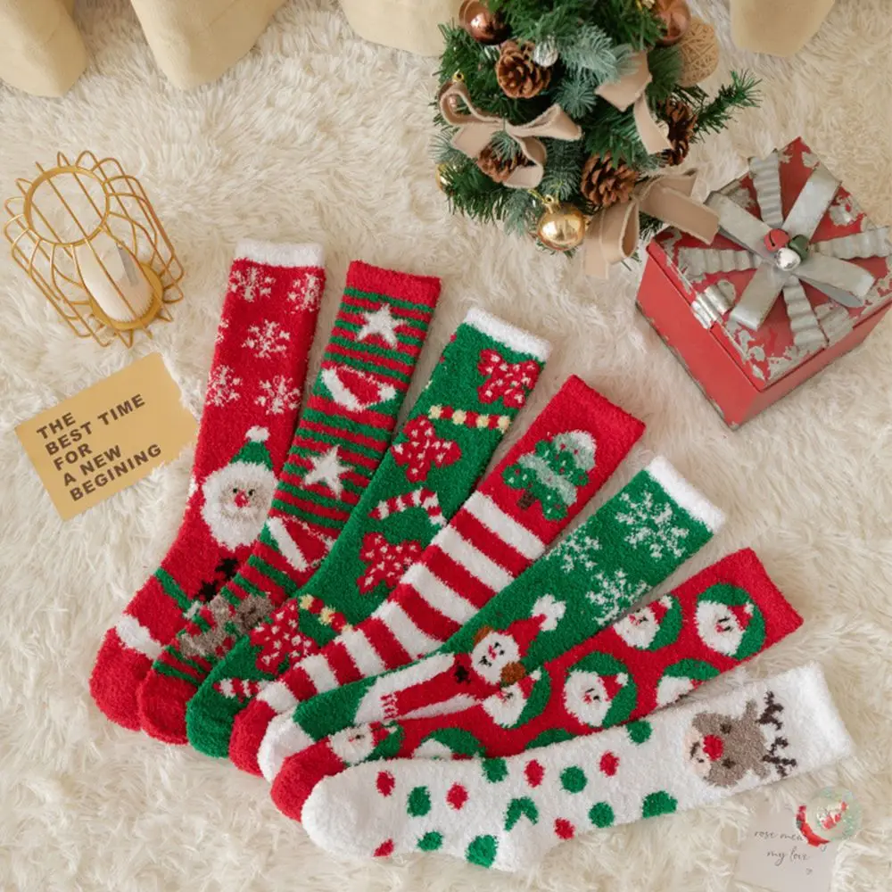 

Sweet Thick Fashion Design Coral Fleece Elk Santa Claus Women Hosiery Calf Socks Christmas Stocking Home Sleep Socks