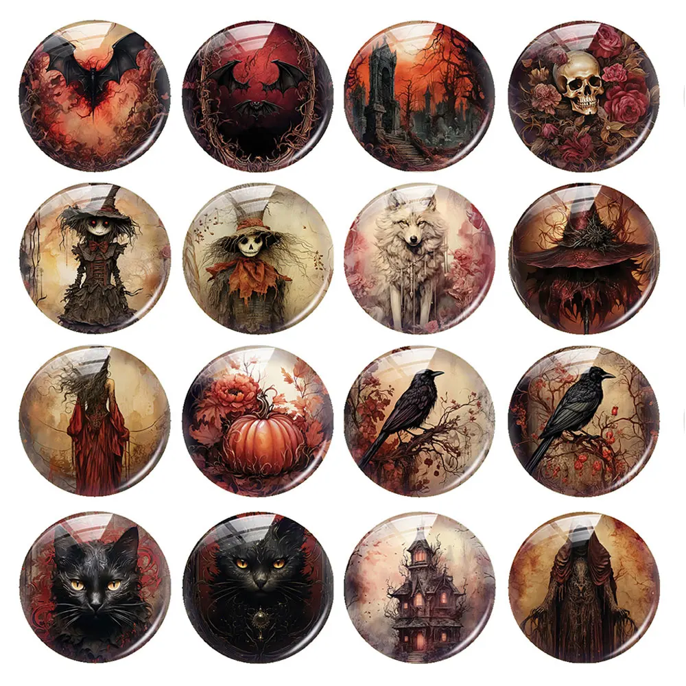 

Halloween Gothic Horror Red Scarecrow Raven Skull Witch Death Photo Glass Cabochon Flatback Demo Cameo For Diy Jewelry Making