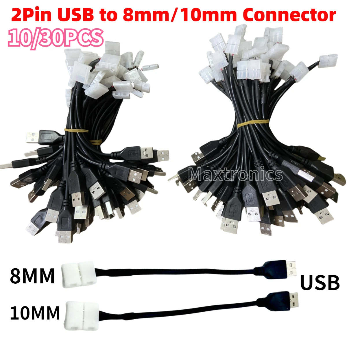 NEW 10-30pcs/lot 2pin 8mm /10mm Free Welding LED Connector to USB Connector 15cm Cable for DC5V 5050 Led Strip Tape Connector