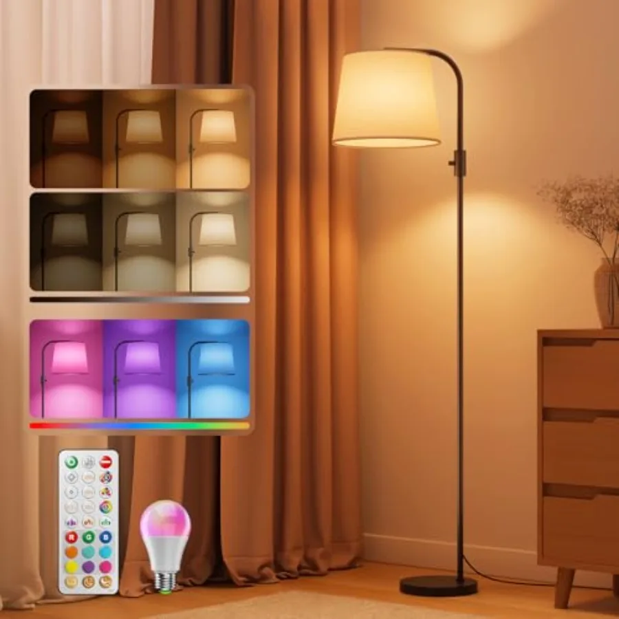 

Dimmable Arc Floor Lamp, 1200 Lumens RGBCW Color Change Bulb Included, Standing Lamp with Linen Shade, 65" Tall Lamp with Remot