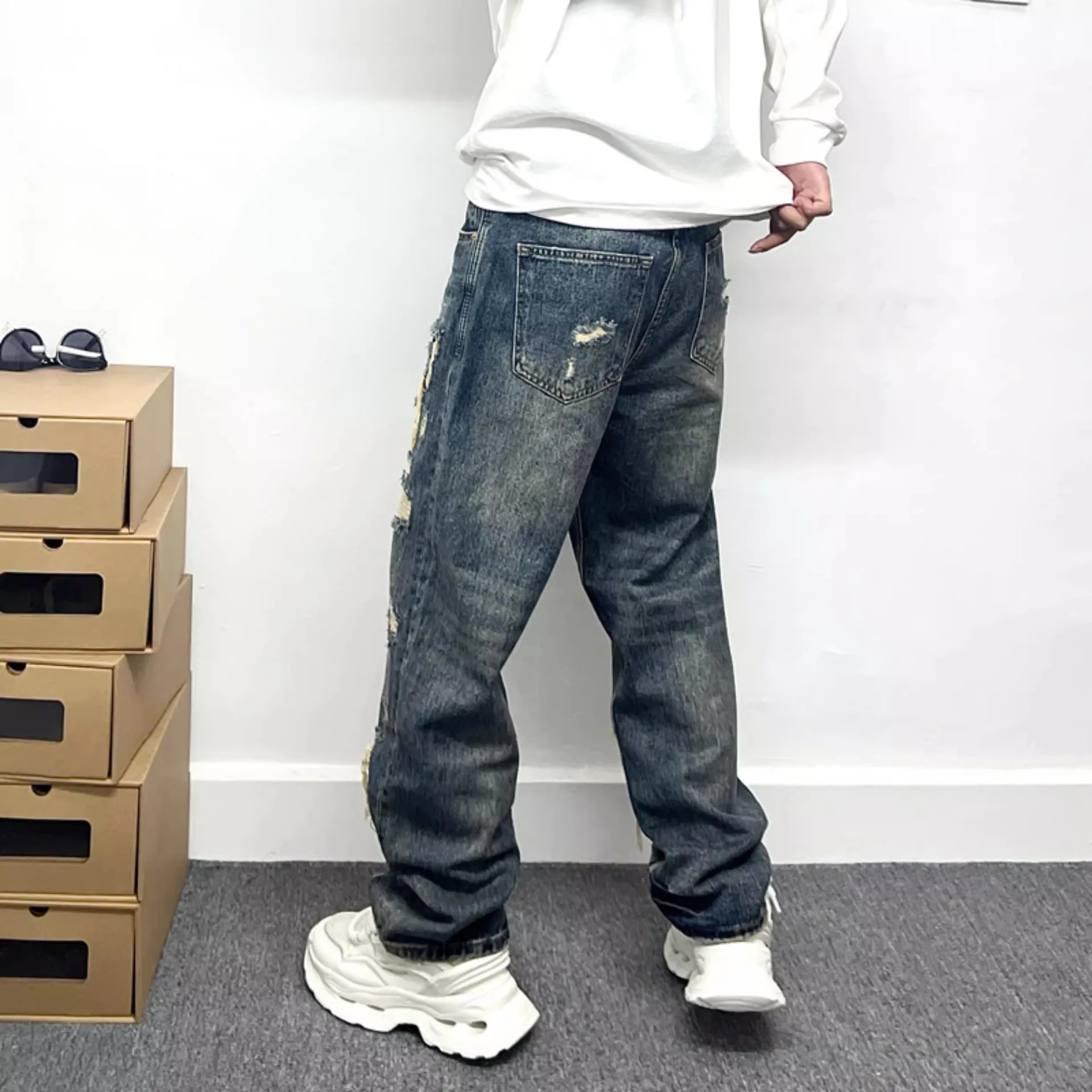 American High Street Ripped Jeans For Men Casual Fashion Splicing Straight Leg Denim Pants Male Washed Retro Loose Trousers