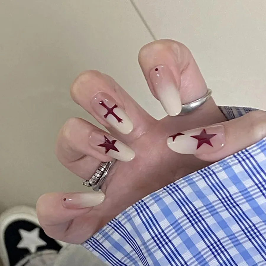 

24PCS Sweet Cool Almond Press on Nail Art Red Star Cross Patterns Gradient French Fake Nail for Spice Girls Simple Ins Nail Tips