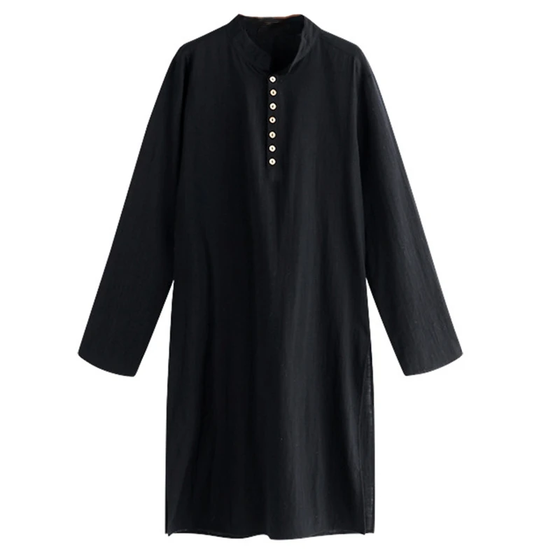 Men Muslim Kurta T-Shirt Long Sleeve Buttons Stand Collar Kaftan Blouse Robe Top