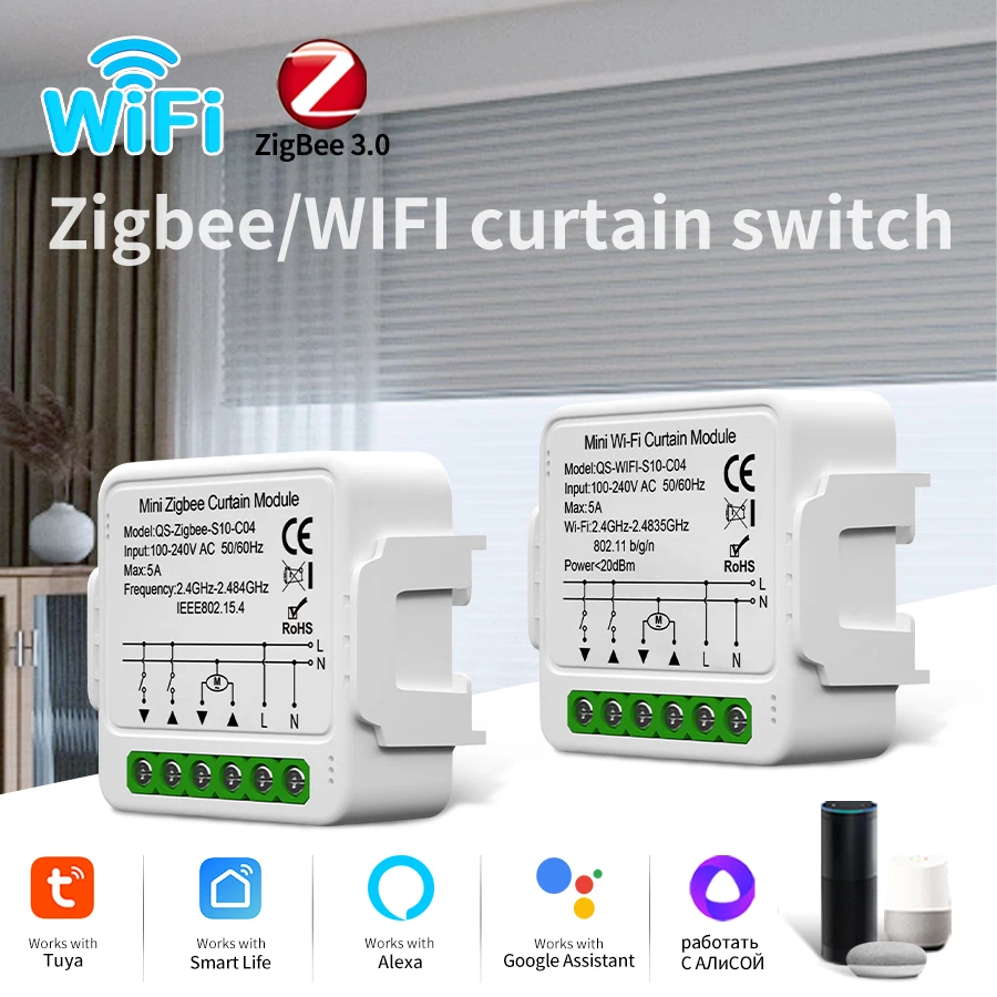 

Модуль умного выключателя для штор Tuya WiFi ZigBee, для рулонных штор и жалюзи, с управлением через приложение Smart Life, голосовое управление, поддержка Alexa и Google Home