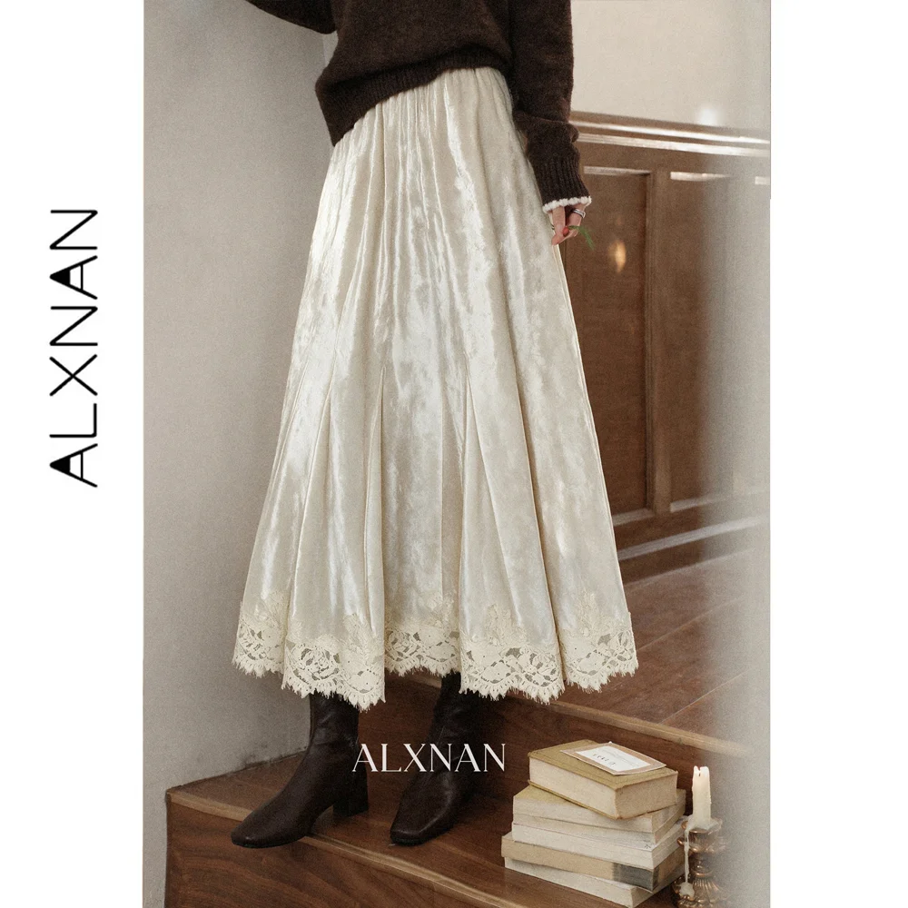 ALXNAN Women's Skirt Apricot Velvet Lace Hem High Waist A-line Slimming Female Clothes New Autumn 2026 Bottoms L686173A