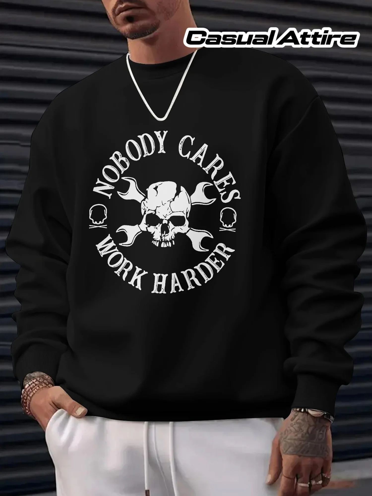 

Men's Black Avant-Garde "NOBODY CARES WORK HARDER" Gothic Letter & Skull & Tool Pattern Sweater - Loos