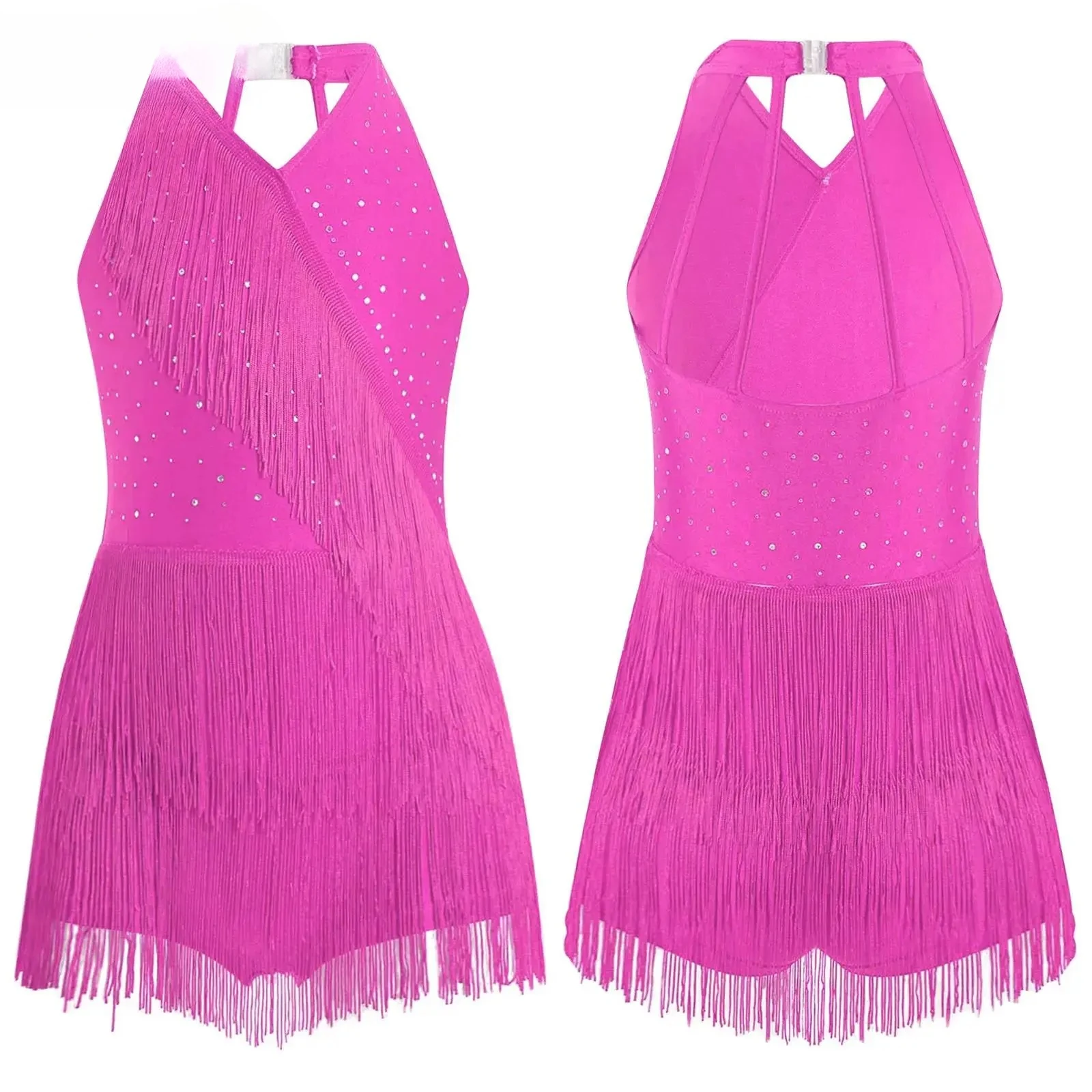 Traje de Danza Latina para Niñas, Cha-cha, Samba, Salsa, con Pedrería, Flecos, Leotardo, Vestido sin Mangas, Espalda con Tirantes, Mono con Borlas