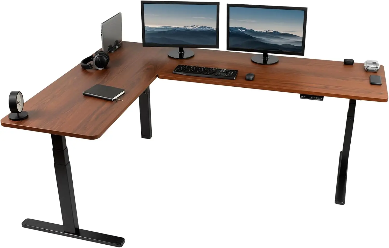 Electric Height Adjustable 83 x 60 inch Corner Stand Up Desk 2 Dark Walnut Solid Table Tops Black Frame Memory Controller