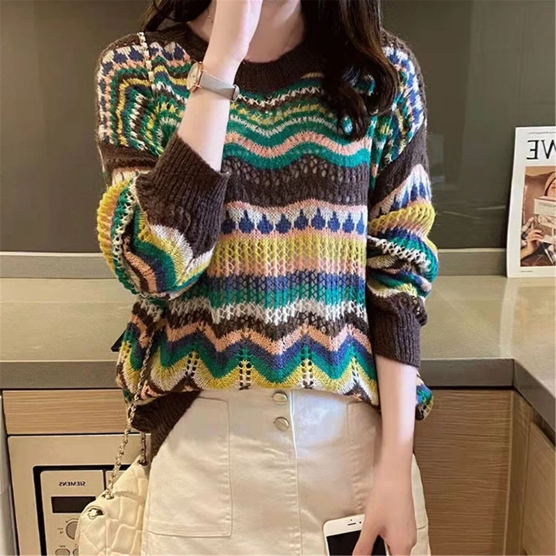 Women Crochet Sweater Ethnic Long Sleeve Stripe Hollow Out Knit Shirts Aesthetic Y2k Blouse Vintage Streetwear