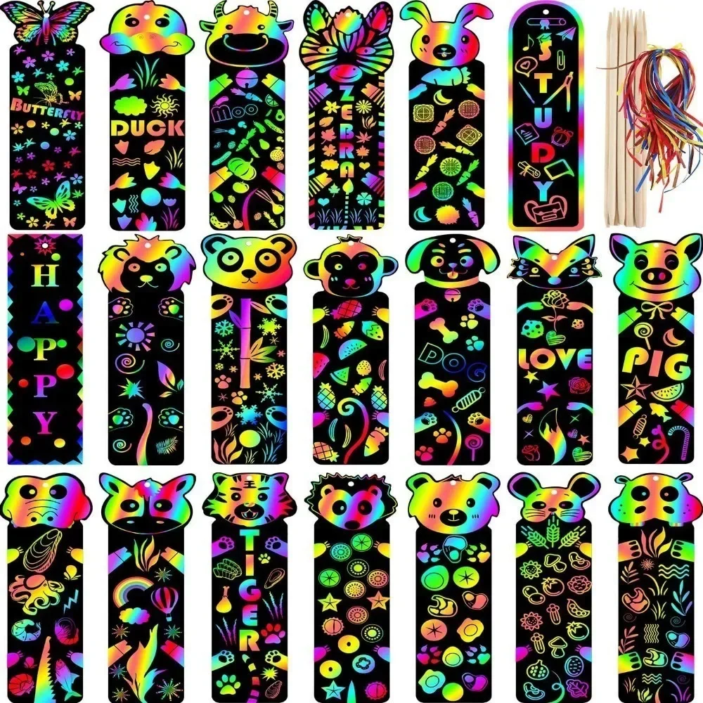 12 Pcs Animal Bookmarks Scratch Drawing Paper Diy Magic Scratch Art Kid Painting Book Creative Card Educational Toy with Tool