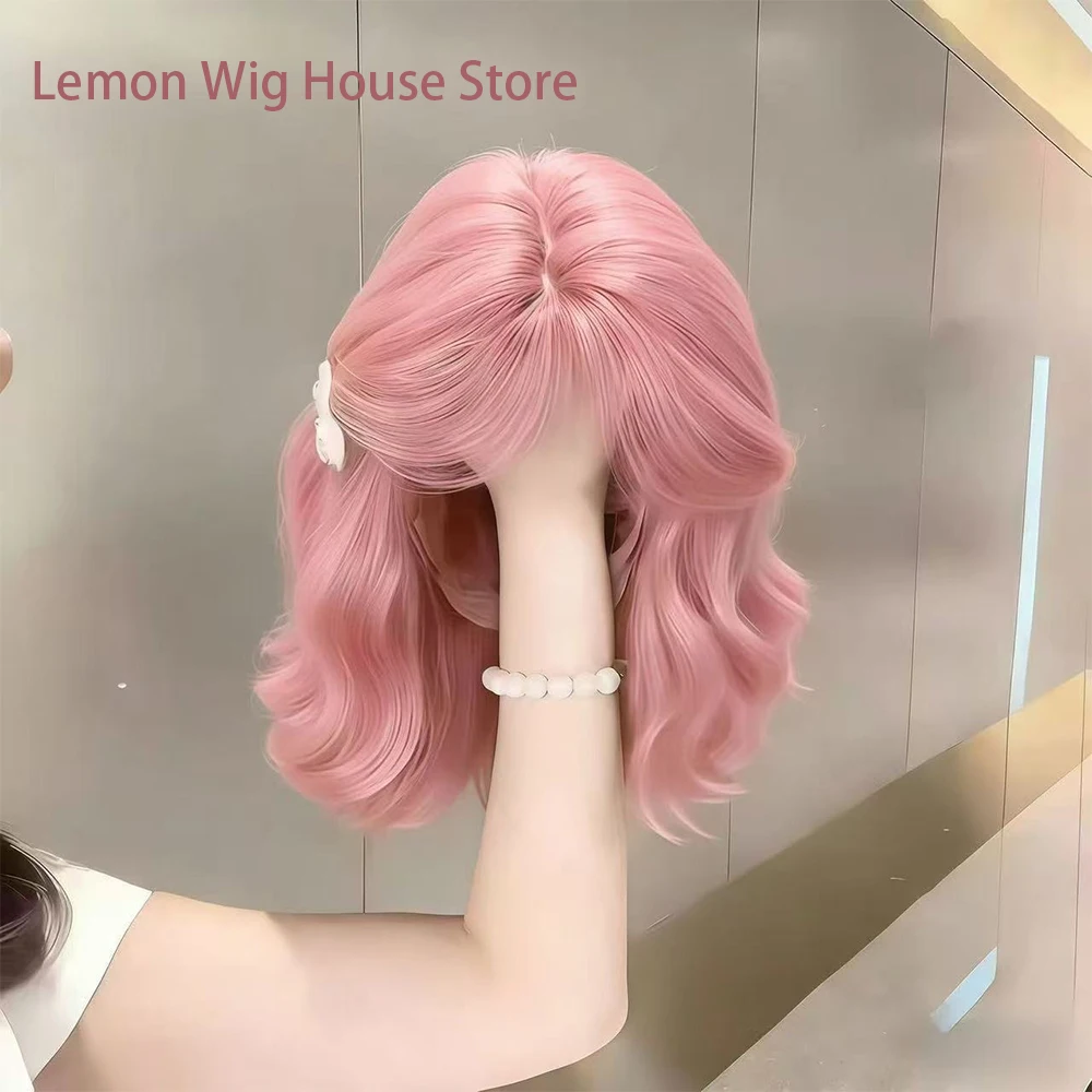 Pink Synthetic Wig with Bangs Short Wavy Black Natural Wigs for Women Daily Cosplay Wig Halloween Costume Wig Heat Resistant