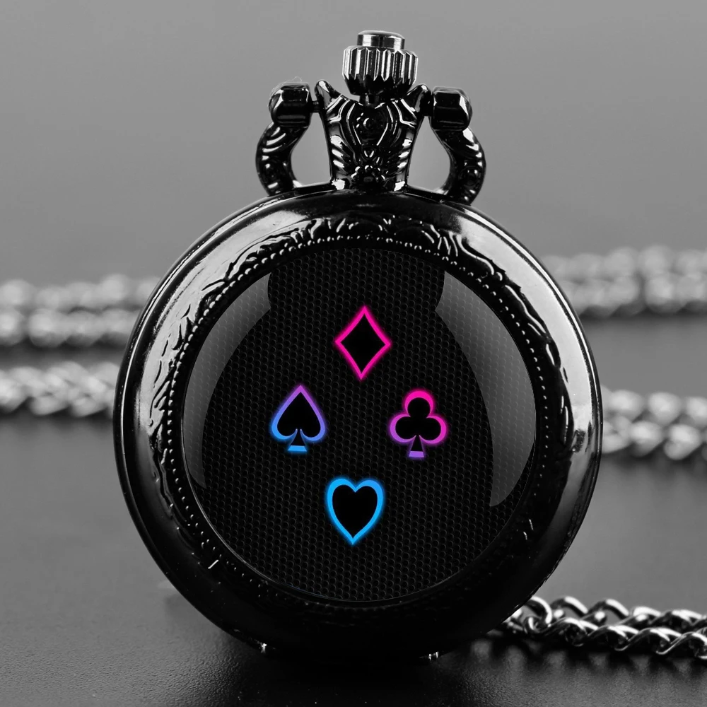 Exquisite Gift Poker Glass Dome Design Arabic Numerals Quartz Pocket Watch Necklace Pendant Clock Chain Men Women Gifts