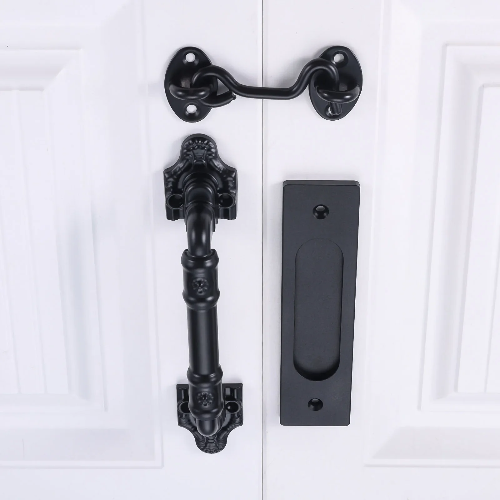 

1Pc Wood Door Handle Locking Hook Large Sliding Barn Gate Pull No Digging Groove Punch Free Black Metal Furniture Locker W/screw