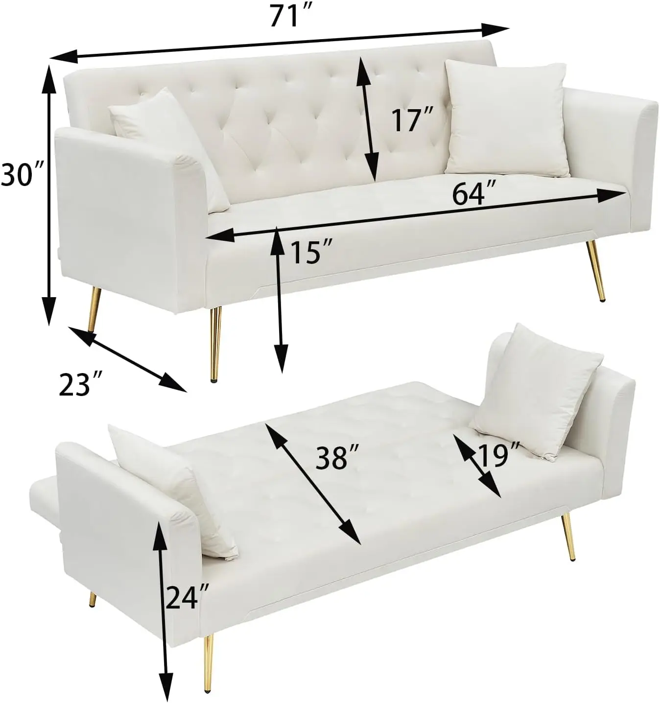 أريكة سرير مخملية حديثة مقاس 71 بوصة أريكة نوم قابلة للتحويل مع مسند ظهر قابل للتعديل معنقدة كرسي Loveseat مع كروم ذهبي