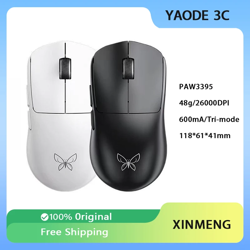 Xinmeng Schmetterling 48g leichte drahtlose Gaming-Maus paw3395 2,4g Bluetooth verdrahtet Tri-Mode Office Dual-Batterie ergonomisch