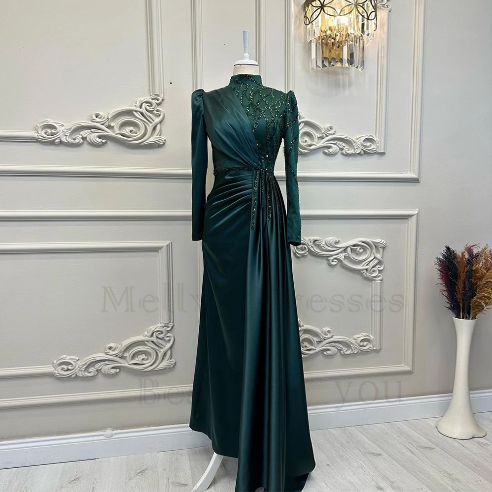 

Green Evening Dresses for Women High Neck Sheath Full Sleeve Satin Sequined Prom Gowns 2023 Summer New Vestido De Noche Pleat