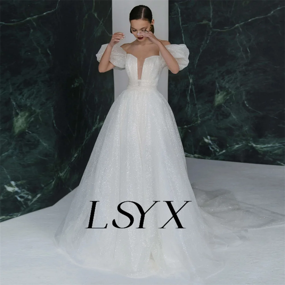 LSYX Off-Shoulder Puff Sleeves V-Neck A-Line Shiny Tulle Wedding Dress For Women 2023 Pleat Zipper Back court Train Bridal Gown