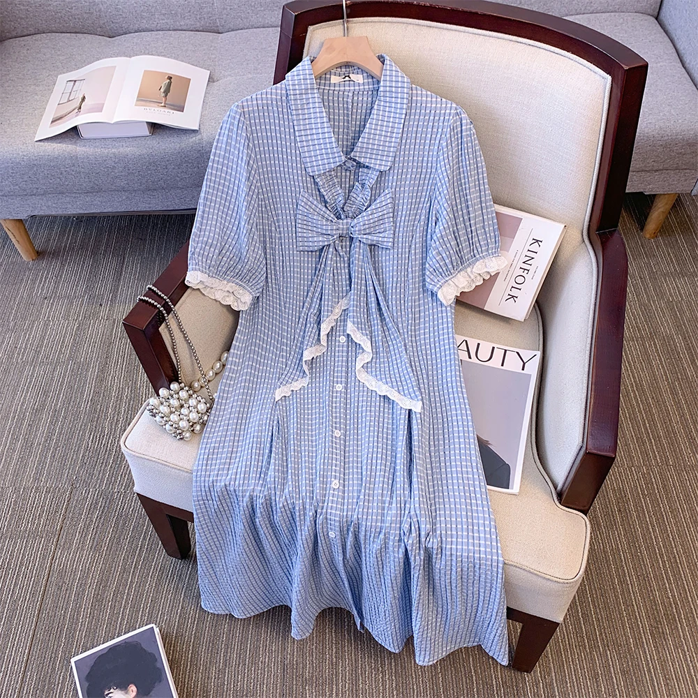 Plus-size women's Summer Casual Commute Loose comfortable dress Blue plaid print button bow splicing short sleeve long dress