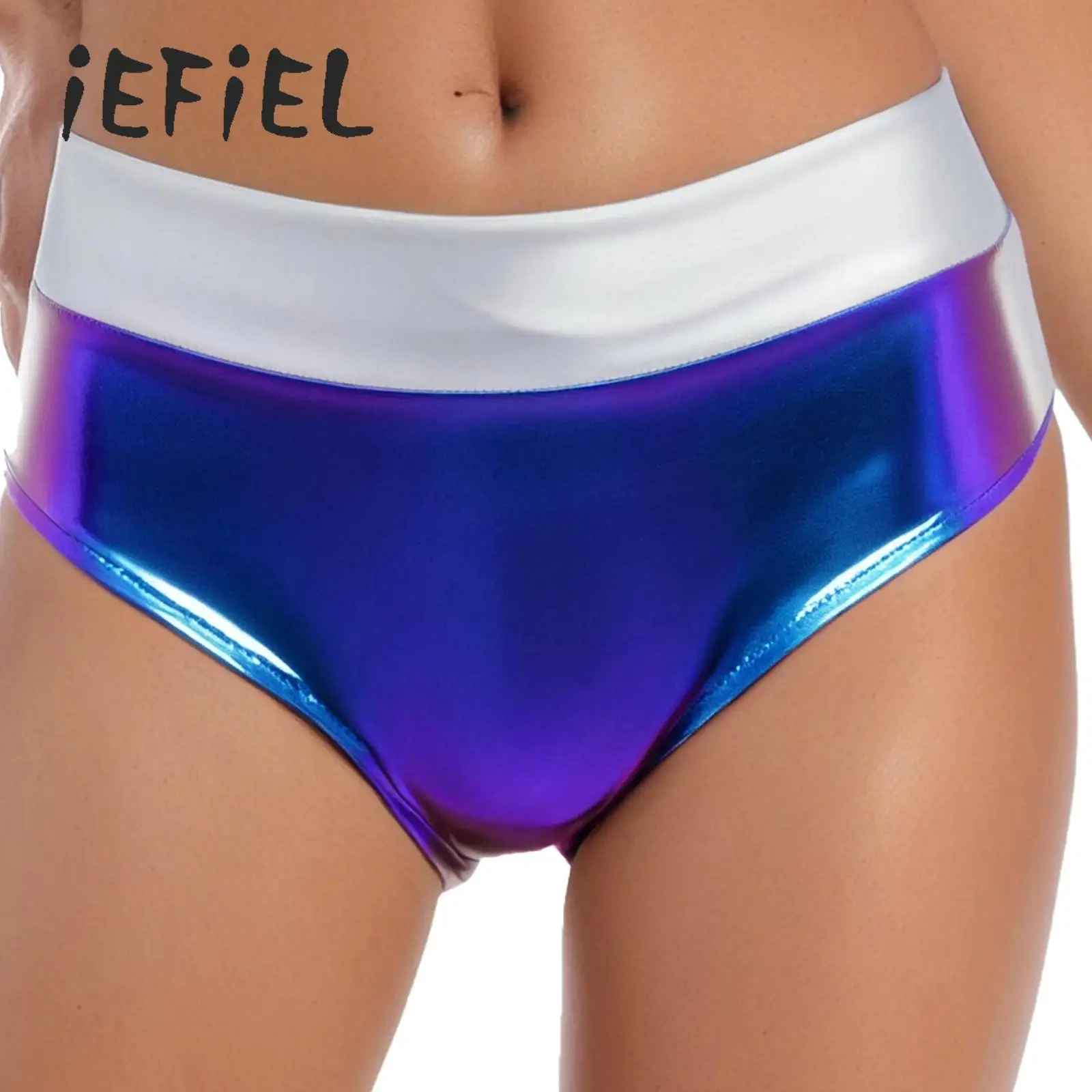 Womens Shiny Full Coverage Briefs Liquid Metallic Glossy High Waist Booty Shorts Hot Pants Beach Panty Bikini Swimsuit Swimwear