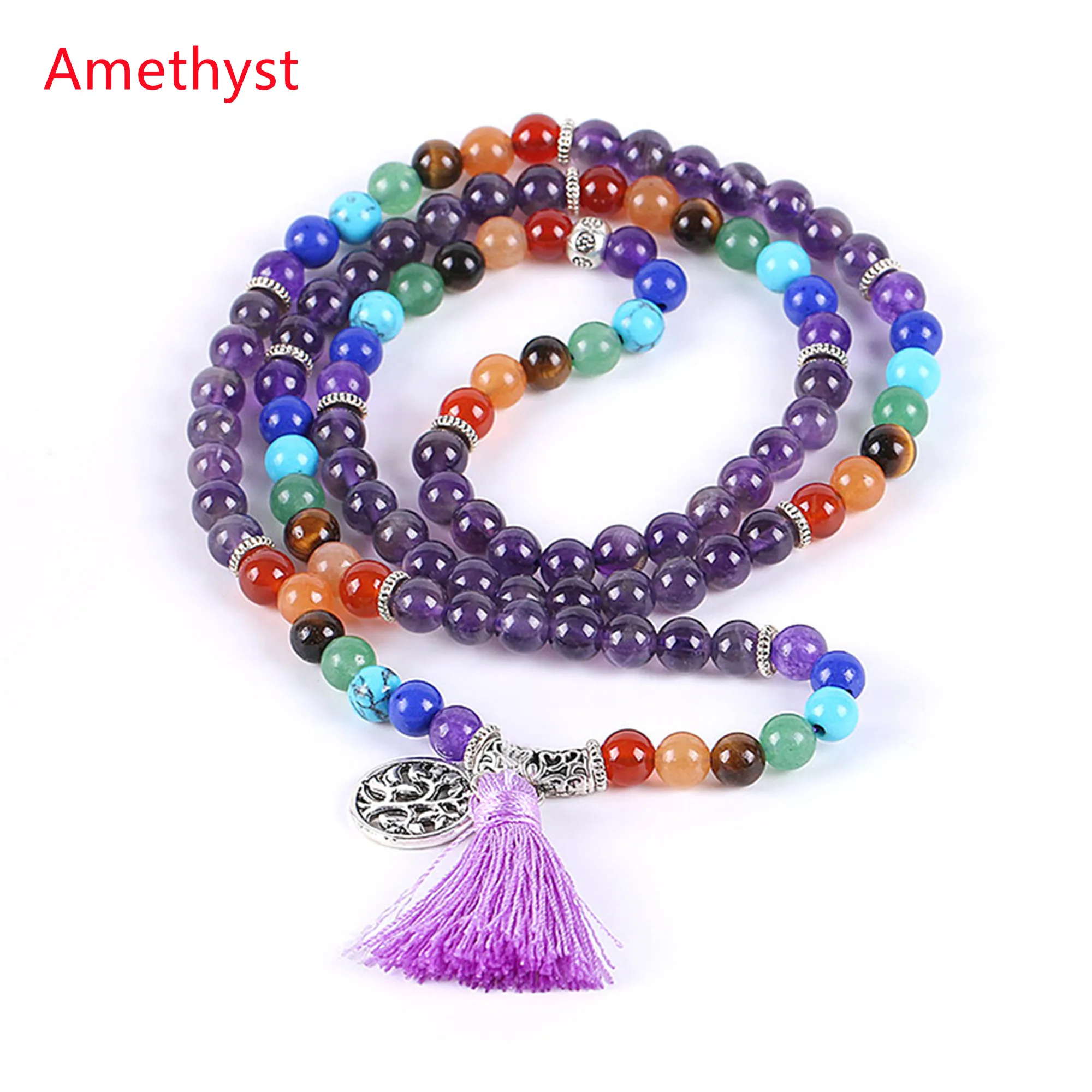 

New Arrival 108 Gemstone Beads Pendant Necklace Boho Jasper Beads Tassel Necklace Rose Quartz Healing Stone Necklace for Women