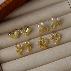 ASJEWELRY Minimalist Gold Plated Heart Earrings for Women White Pearl Bow Ear Studs Small Jewelry Gifts erst07