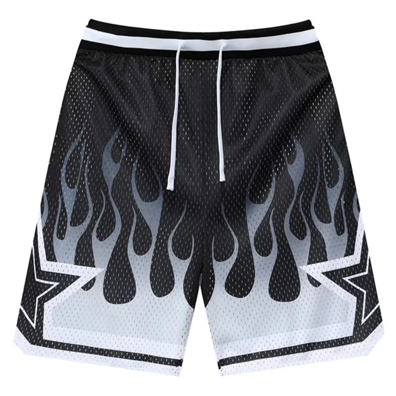 Mens Casual Shorts Mesh Breathable Flame Print Elastic Waist Short Fashion Loose GYM Basketball Sports Pants Unisex Streetwear