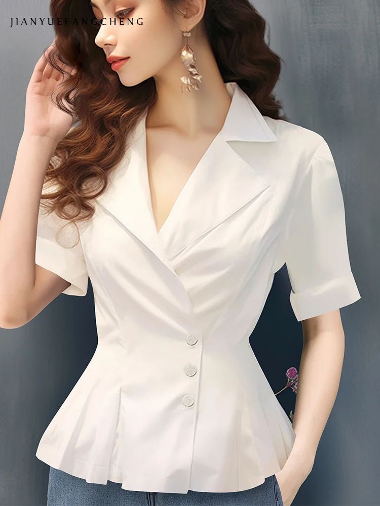 2024 Summer Women\'s Short sleeved White Shirt Elegant Suit Collar Slim Office Ladies Tops Fashion Casual Female Work Blouses