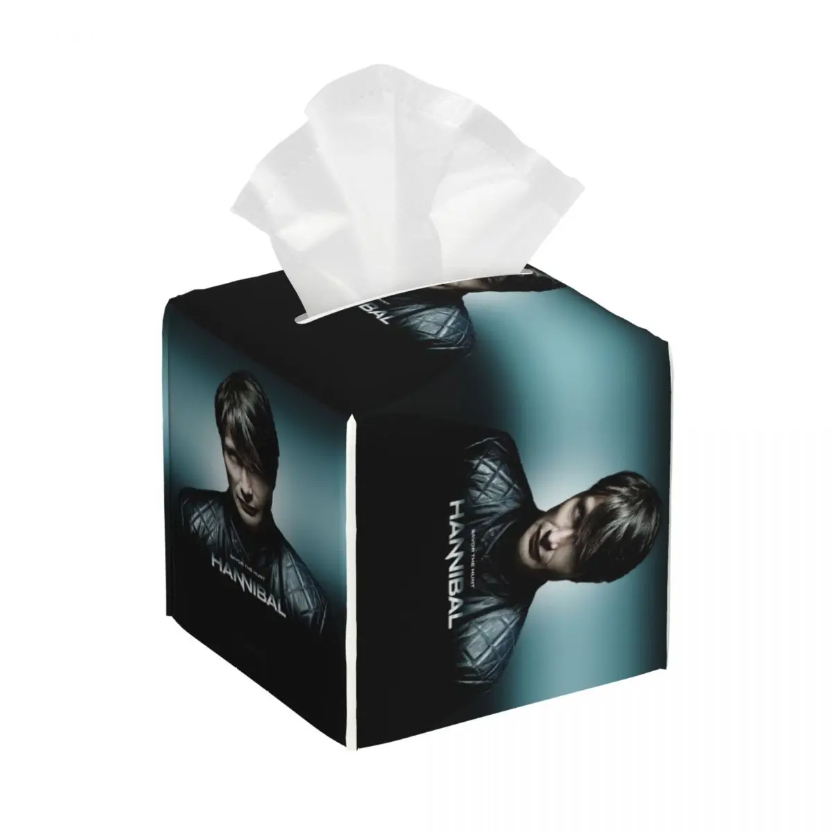 Custom Mads Mikkelsen Tissue Box Cover Square PU Leather TV Show Hannibal Facial Tissue Box Holder for Bathroom Toilet