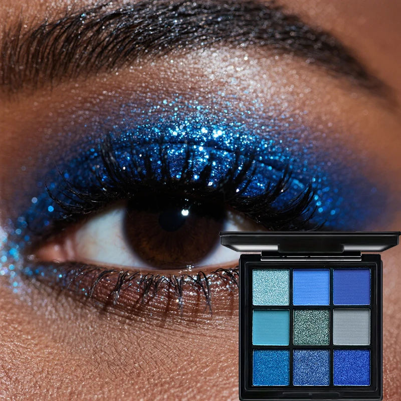 Blaue Lidschatten-Palette mit 9 Gittern, glitzernd, perlmuttartig, matt, Lidschatten, Schimmer, Make-up, langlebig, für Damen, Schönheit, Augenkosmetik