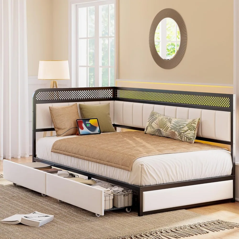 إطار سرير مزدوج الزاوية من LIKIMIO مع أدراج تخزين ومحطة شحن، وسرير نهاري مزدوج حديث مع أضواء LED وحزام منجد