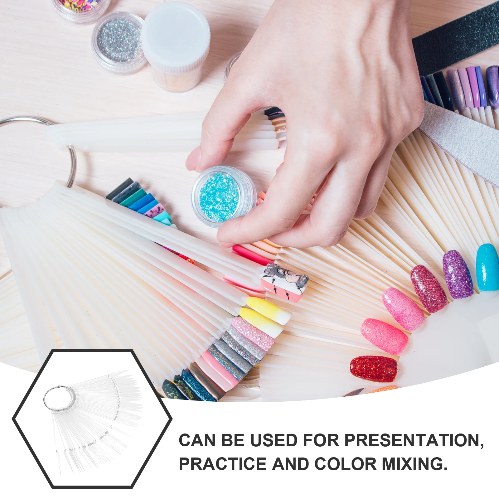 

50PCS Colored Nail Display Boards Fan Shaped Practice Tips Nail Art Sticks Palette Gel Polish Accessory