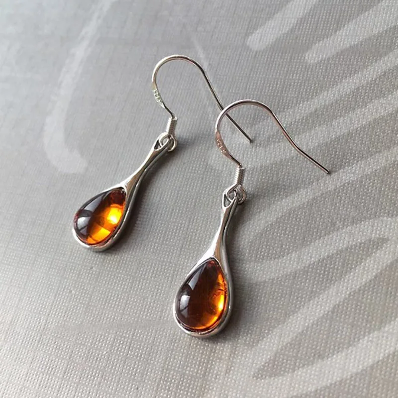 100% Real Amber Earrings for Women Party Birthday New Year Party Gift Real S925 Silver Teardrop New Natural Beads Girls Jewelry