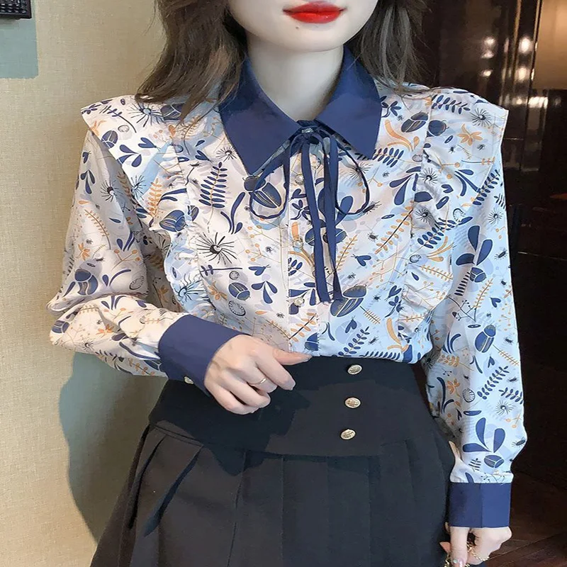 Fashion Printed Button Ruffles Lace Up Bow Shirts Female Clothing 2023 Autumn New Casual All-match Tops Office Lady Blouses