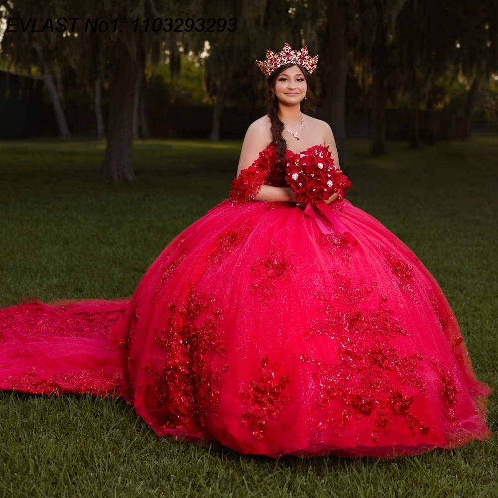 

EVLAST Индивидуальное блестящее красное бальное платье Quinceanera Платье с блестящей кружевной аппликацией и бисером Sweet 16, Vestidos De 15 Anos E1QN151