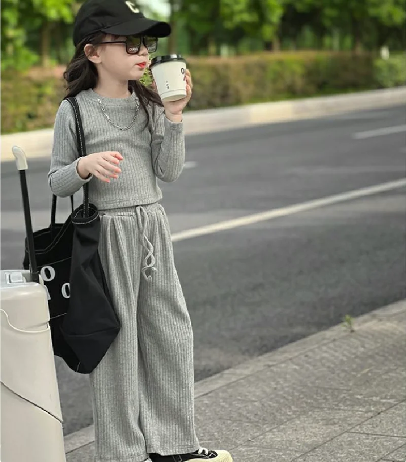 Girls Solid Clothes Sets Summer Children Long Sleeve Suits Kids T-shirt Tops+Pants 2Pcs Teenage Sport Casual Outfits 2-8 Years