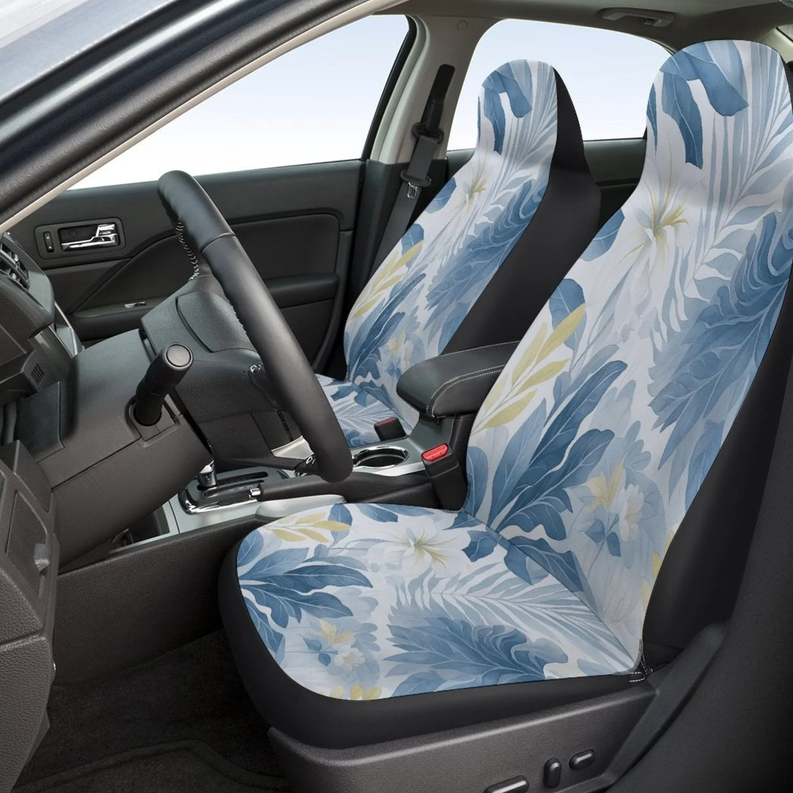 Set Of Car Seat Covers Featuring A Blue Floral Design, Suitable For A Variety Of Vehicles. Stylish And Unique, This Complete Set