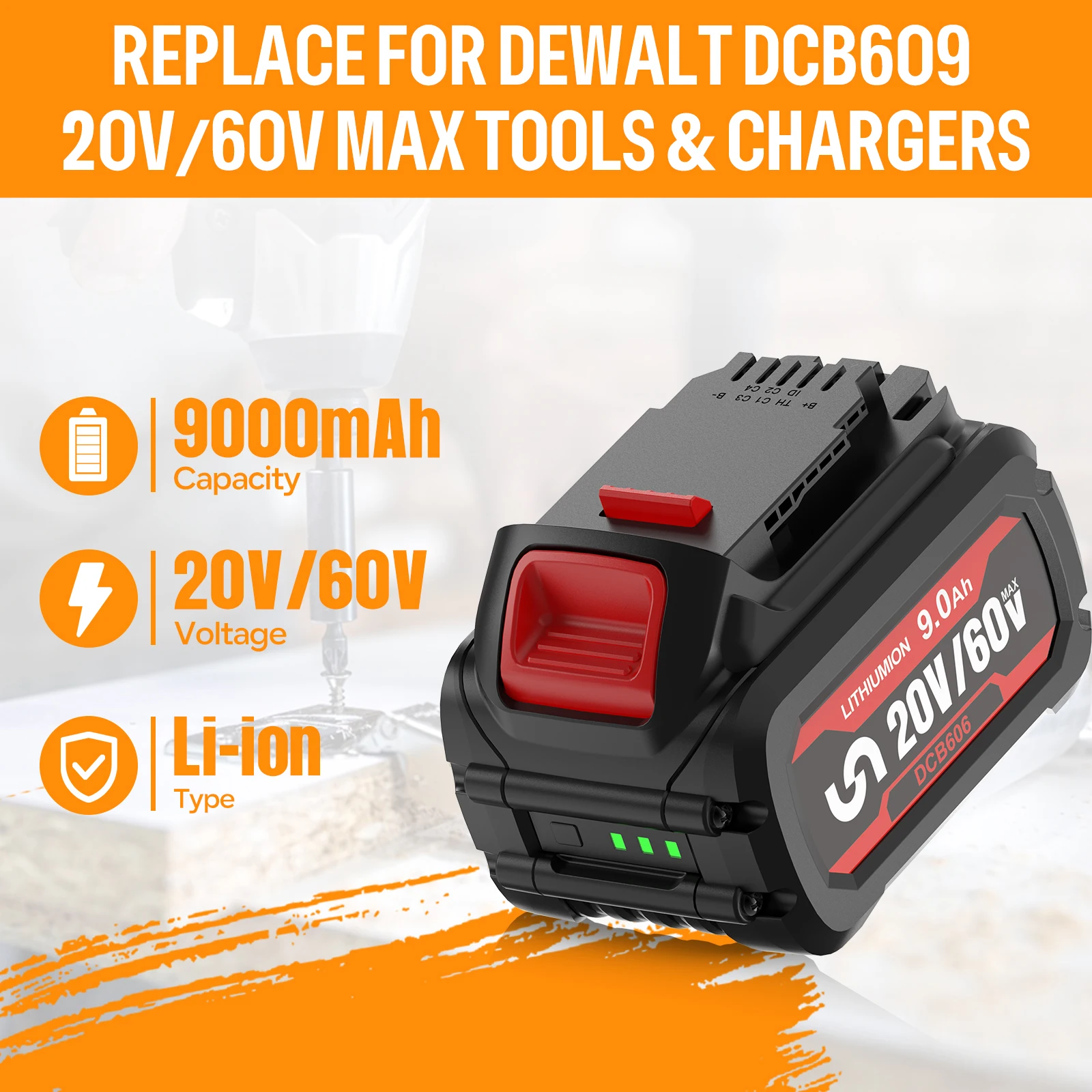 20V 9Ah Li-ion Battery For DCB200 DCB204 DCB206 DCB606 DCB609 60V Tool Replacement Battery US/UKLocal Stock
