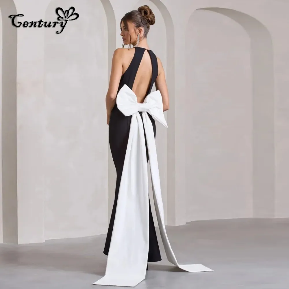 Mermaid Dubai Evening Dress Long 2025 Big Bow Backless Black And White Simple Arabic Prom Gowns Wedding Party Dresses Customized